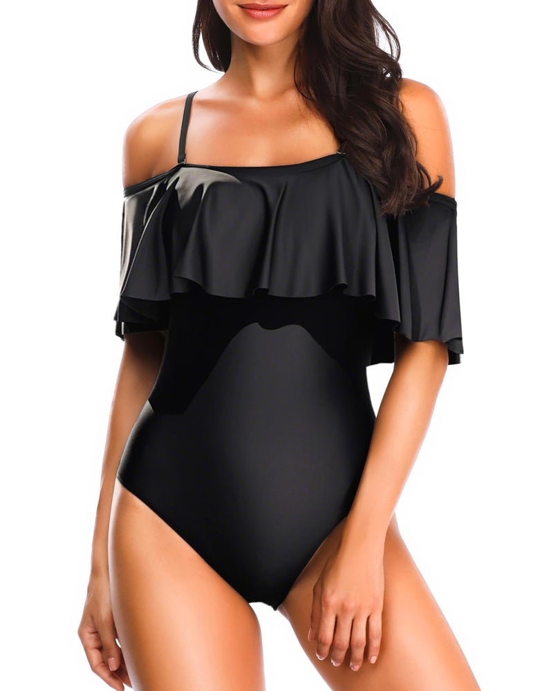 Tempt Me Women's Black Off Shoulder One Piece Swimsuits Flounce Ruffle Bathing Suits S - Image 1